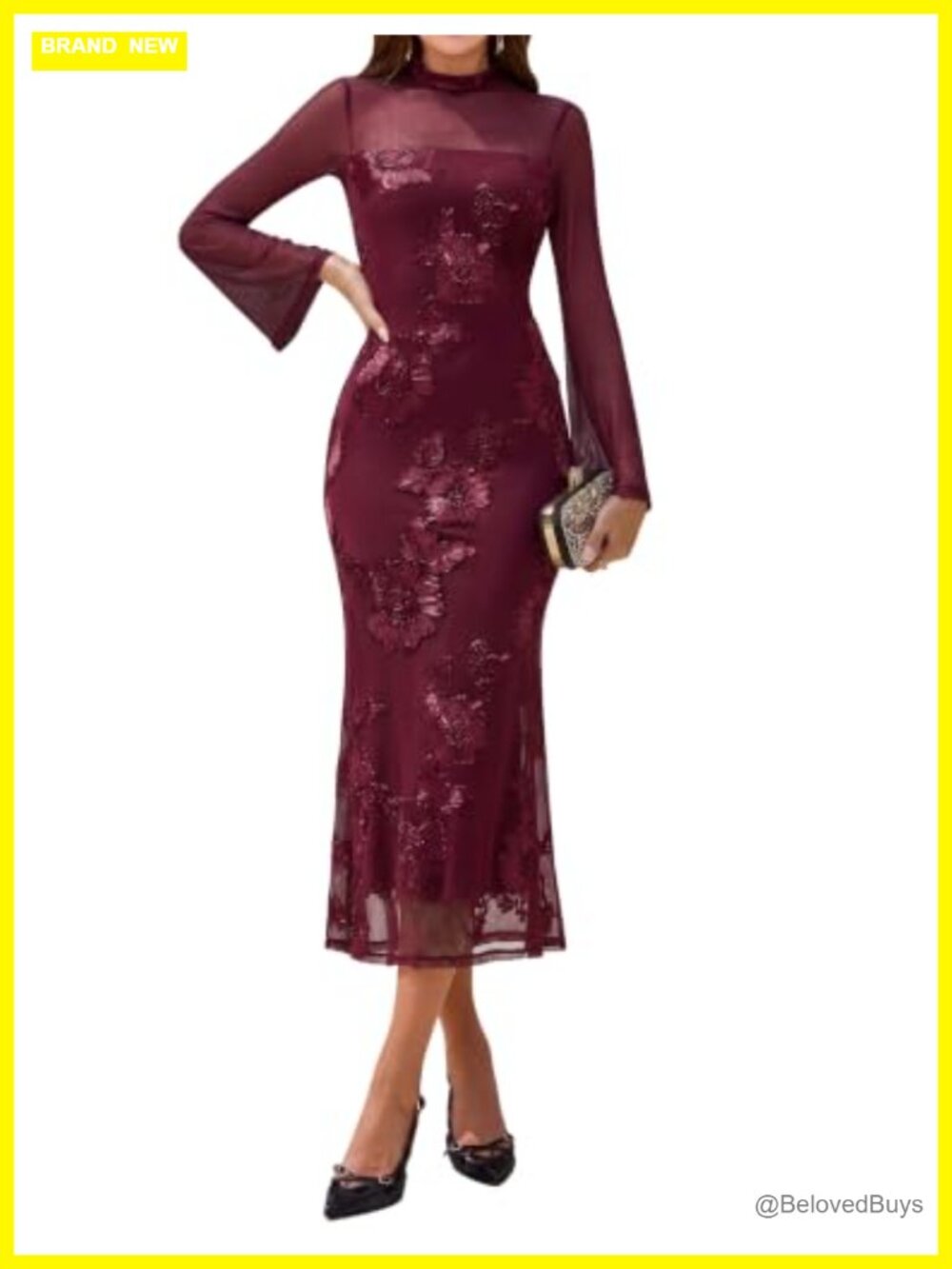 Women's Floral Mesh Long Sleeve Maxi Bodycon Cocktail Dress
